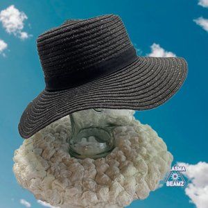 Fair Weather Black Straw Wide Brim Heart Crown Sun Hat